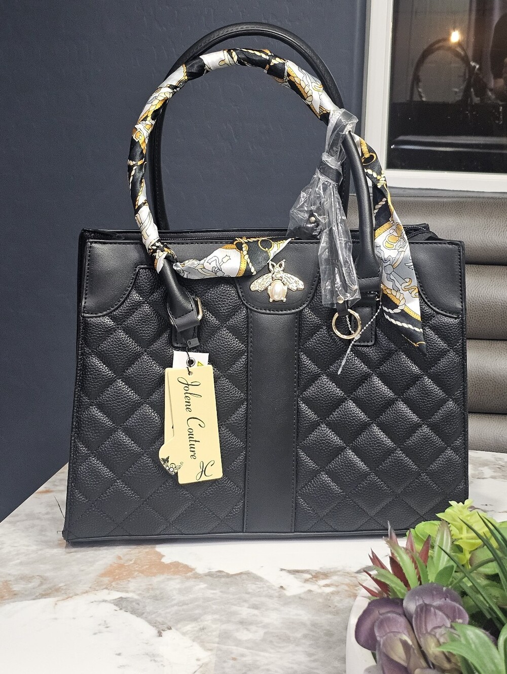 Jolene Couture Black Quilted Tote Bag with Scarf Accent -